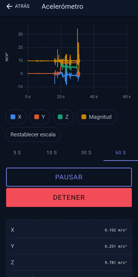 Live chart of the accelerometer with the X, Y, Z and magnitude traces and the pause and stop buttons